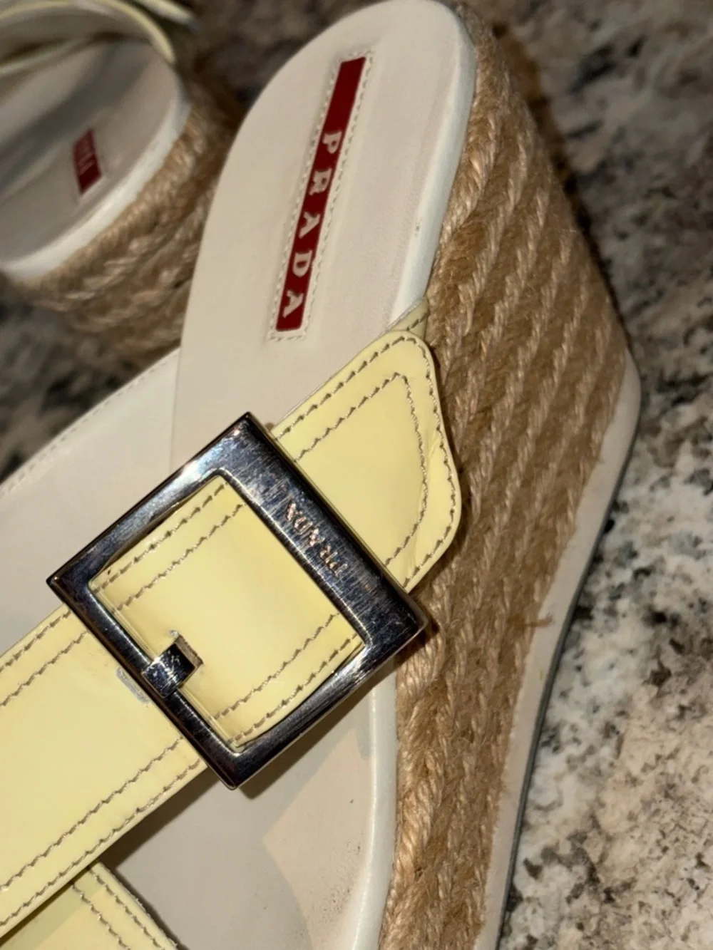 Prada Espadrille Wedge Sandals Yellow Leather Buckle Platform Made in Italy EUC
